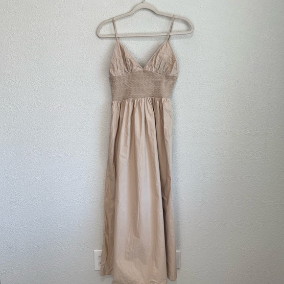Zara Dresses & Skirts - Zara Poplin Midi Dress Womens‎ Large Tan Minimalist Boho Embroidered Vacation